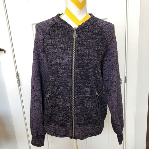Free People Sweater Women Medium Heather Dark Purple Bomber Jacket Zip Front - Picture 1 of 16